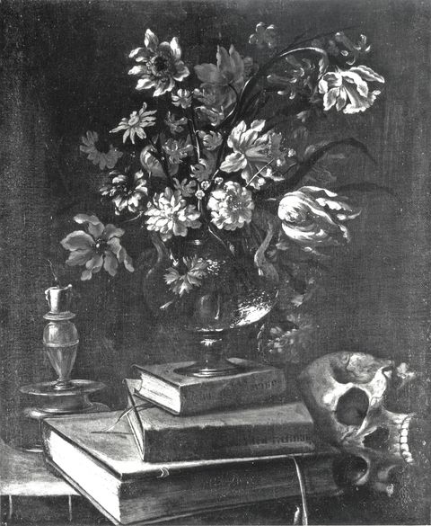 Musée des Beaux Arts de Nantes — Maestro delle Vanitas - sec. XVII - Natura morta con libri, vaso di fiori, candela e teschio — insieme